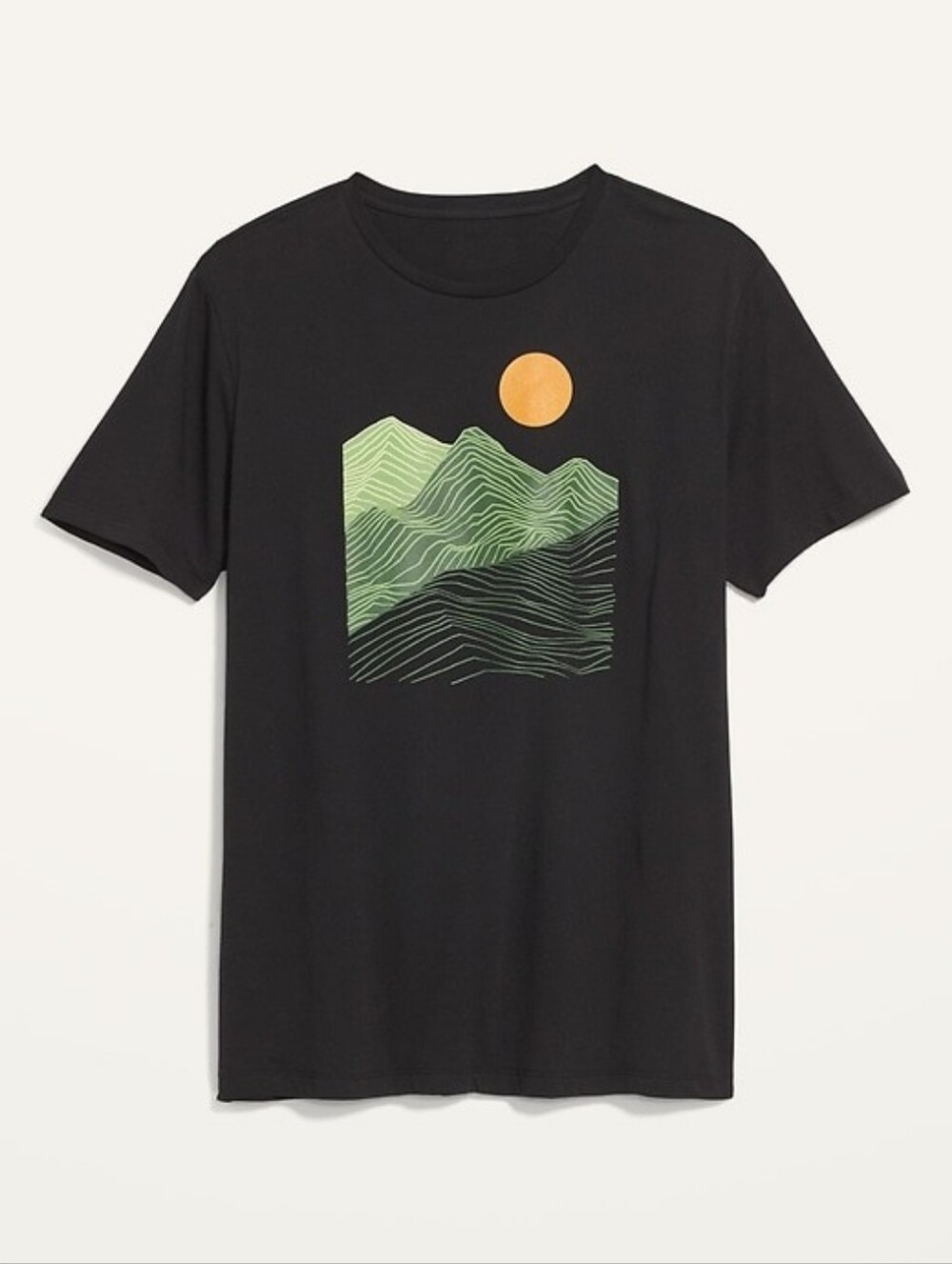 Boys Black Graphic Tee with Green Mountain Print and Orange Sun Sz8